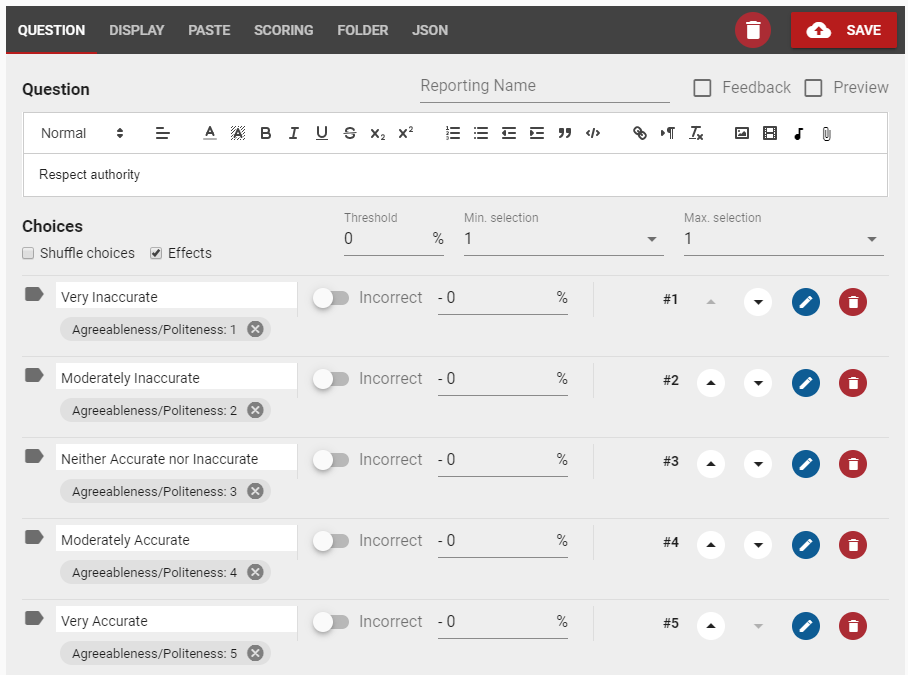 Testinvite Exam Software allows multiple choice answers to carry effects that can feed traits in a personility test