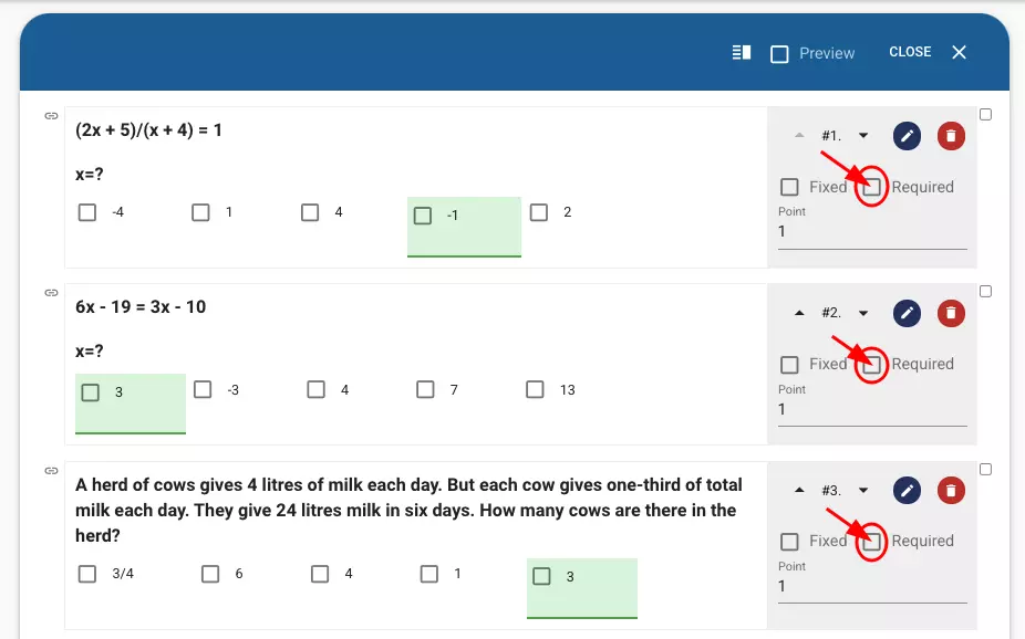 You can make a question mandatory to be answered while editing a page during the exam by 
                                ticking the boxes indicated by the arrow