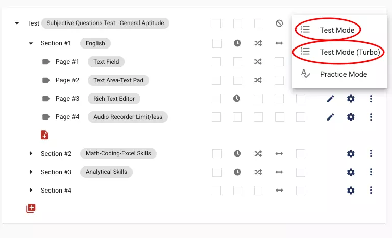 Las opciones de vista previa del examen y turbo se activan seleccionando las opciones marcadas en la imagen.