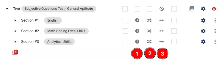 Icons indicating that there is a time limit in the section, page order is shuffled within the section, and navigating back-and-forth is allowed within the section