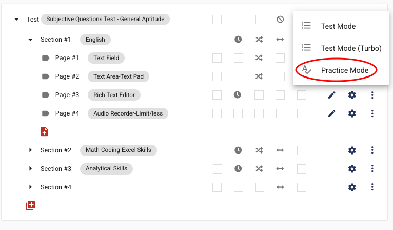 An exam can be previewed in Practice Mode by clicking on the option in the red circle.
