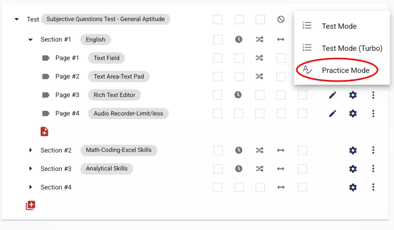 An exam can be previewed in Practice Mode by clicking on the option in the red circle.