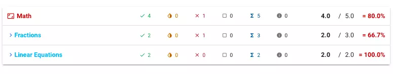 Number of questions in each dimension, number of correct-incorrect-blank answers and success percentages are reported.