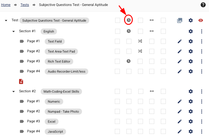 A timer icon is present for the corresponding 'settings' row of each page, section and test with a time limit
