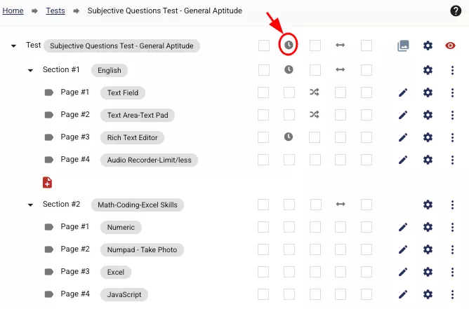 A timer icon is present for the corresponding 'settings' row of each page, section and test with a time limit