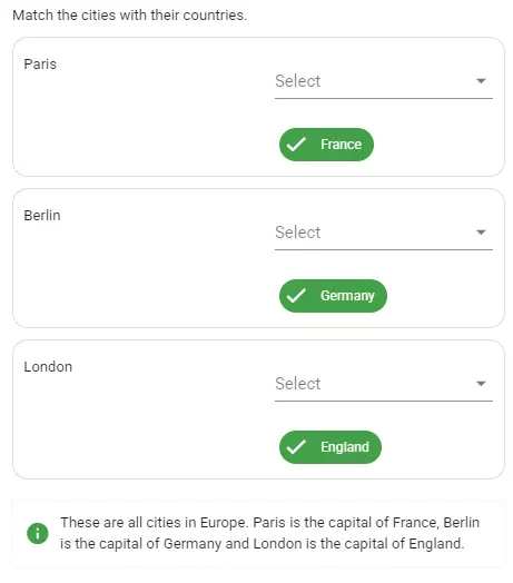 A matching question example prepared by adding feedback.