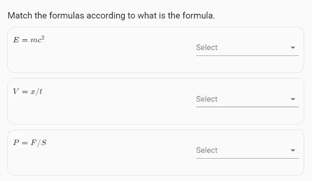 question example in which candidates are asked to match the answers with the correct formula
                            by adding a formula to the options