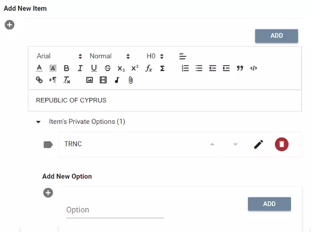 A matching question created by adding more than one option to each item