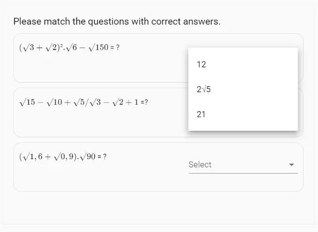 Exemple de question d’appariement de mathématiques avec des éléments contenant des formules