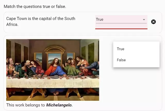 Exemple de question créée en faisant correspondre les images avec les réponses vrai-faux.