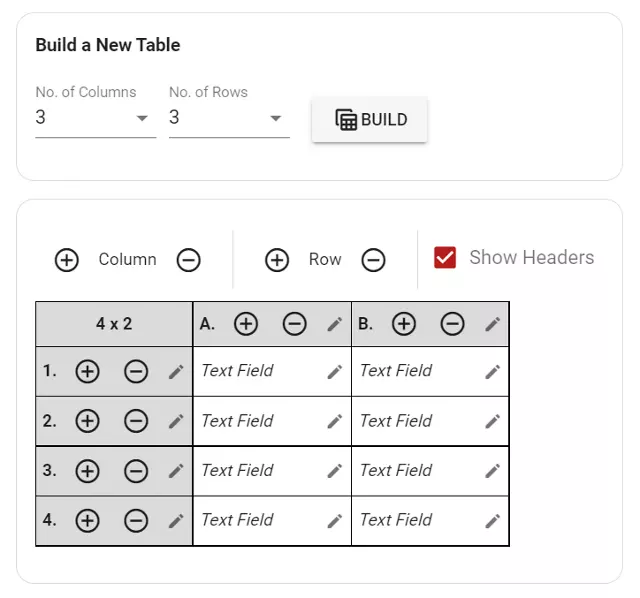 Editing the number of rows and columns of the table