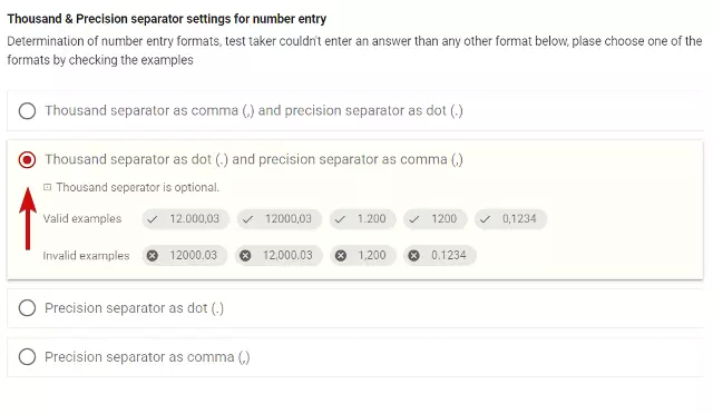 Thousand and precision separator selections screen