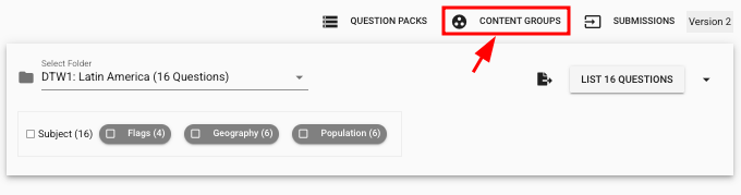 Examiners can create grouped questions and their contents by clicking the 'content groups' button indicated by an arrow on the question bank screen.