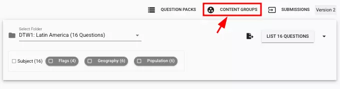 Examiners can create grouped questions and their contents by clicking the 'content groups' button indicated by an arrow on the question bank screen.