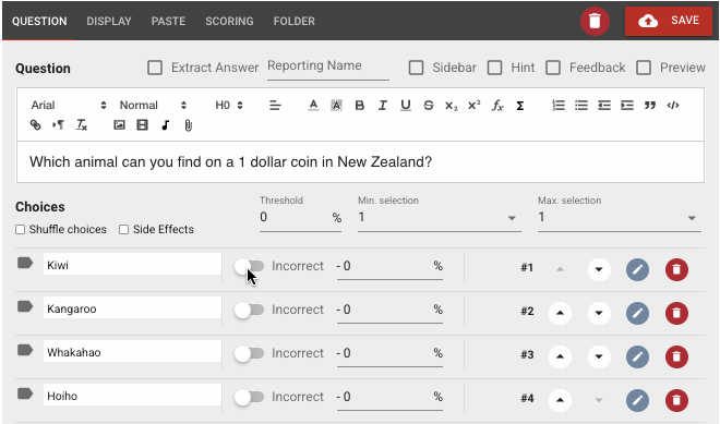 When creating multiple choice questions with the question editor, you can tick the 'shuffle choices' option to present by mixing the options.
