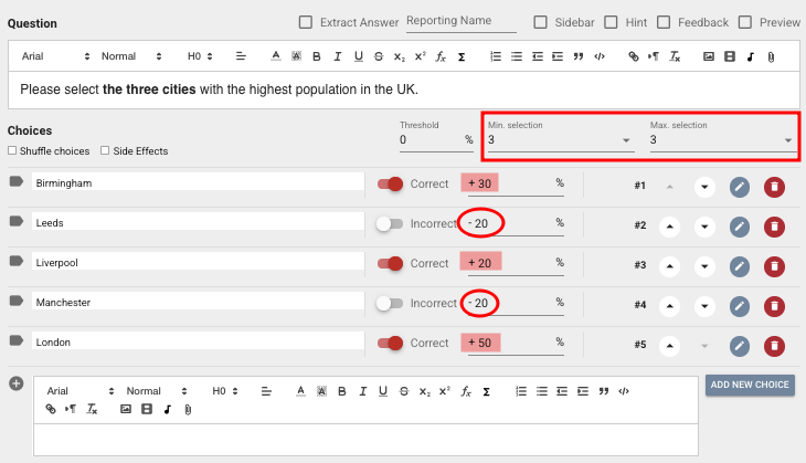 You see the question creation editor in the image. In this example question, you can set the minimum and maximum number of options that can be selected in the area shown with the rectangle, and you can set point weights according to the correctness and inaccuracy of the options in the areas that are crossed out and circled in red.