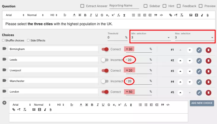 You see the question creation editor in the image. In this example question, you can set the minimum and maximum number of options that can be selected in the area shown with the rectangle, and you can set point weights according to the correctness and inaccuracy of the options in the areas that are crossed out and circled in red.
