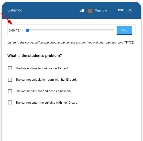 Audio recording and view of the sample question that needs to be answered from the candidate screen.