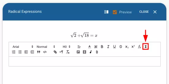 The test taker can open the math editor by clicking the icon in the rich text editor