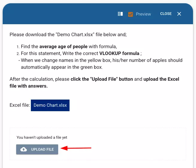 Candidate can upload the answer (file) given to the question to the system via the button indicated by the arrow.