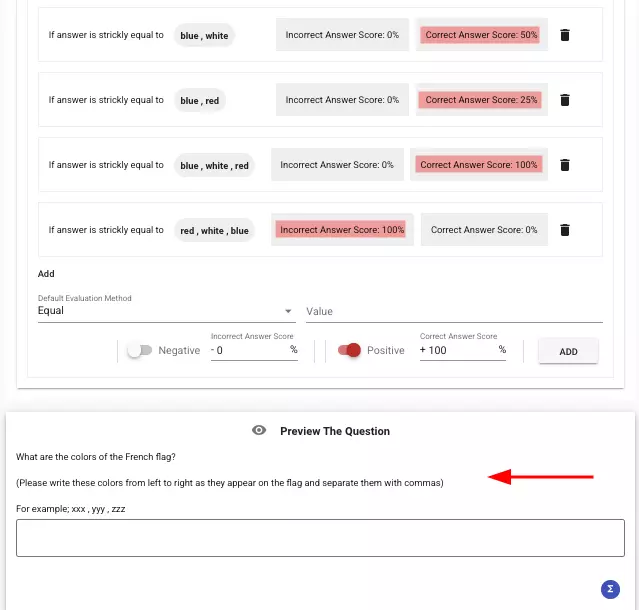 As seen in the example, you can match the answer you want with the points you want while shaping the questions and have the candidate's score automatically calculated by the system in this way.