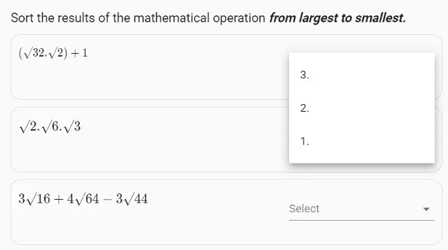 Exemple de question de classement des opérations mathématiques avec des formules en fonction des résultats des opérations