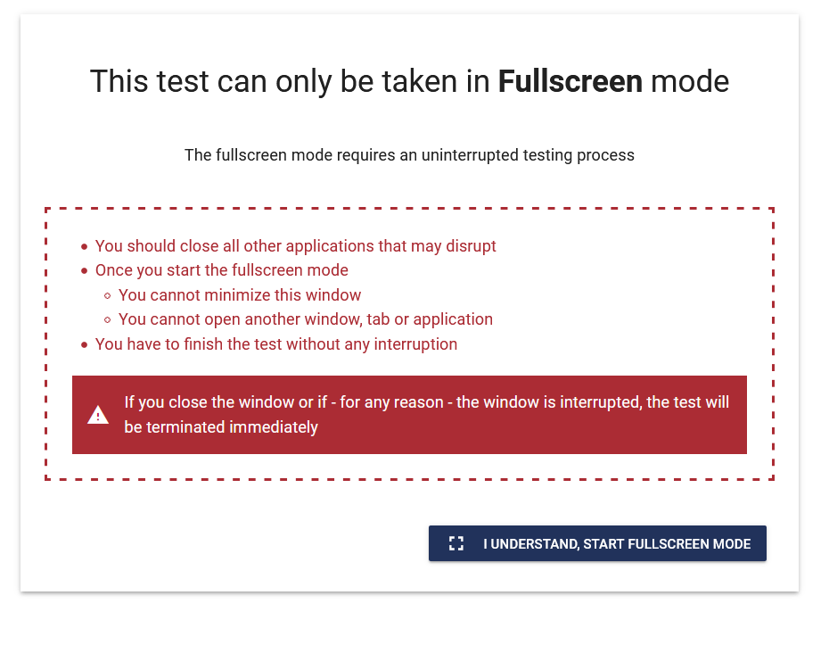 The authentication screen before taking an exam in Test Invite assessment software