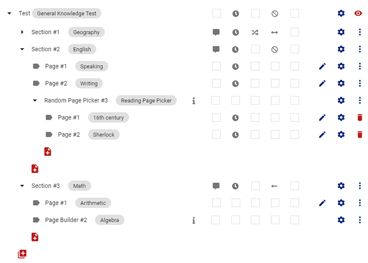 Designing an online test with multiple sections, page and settings