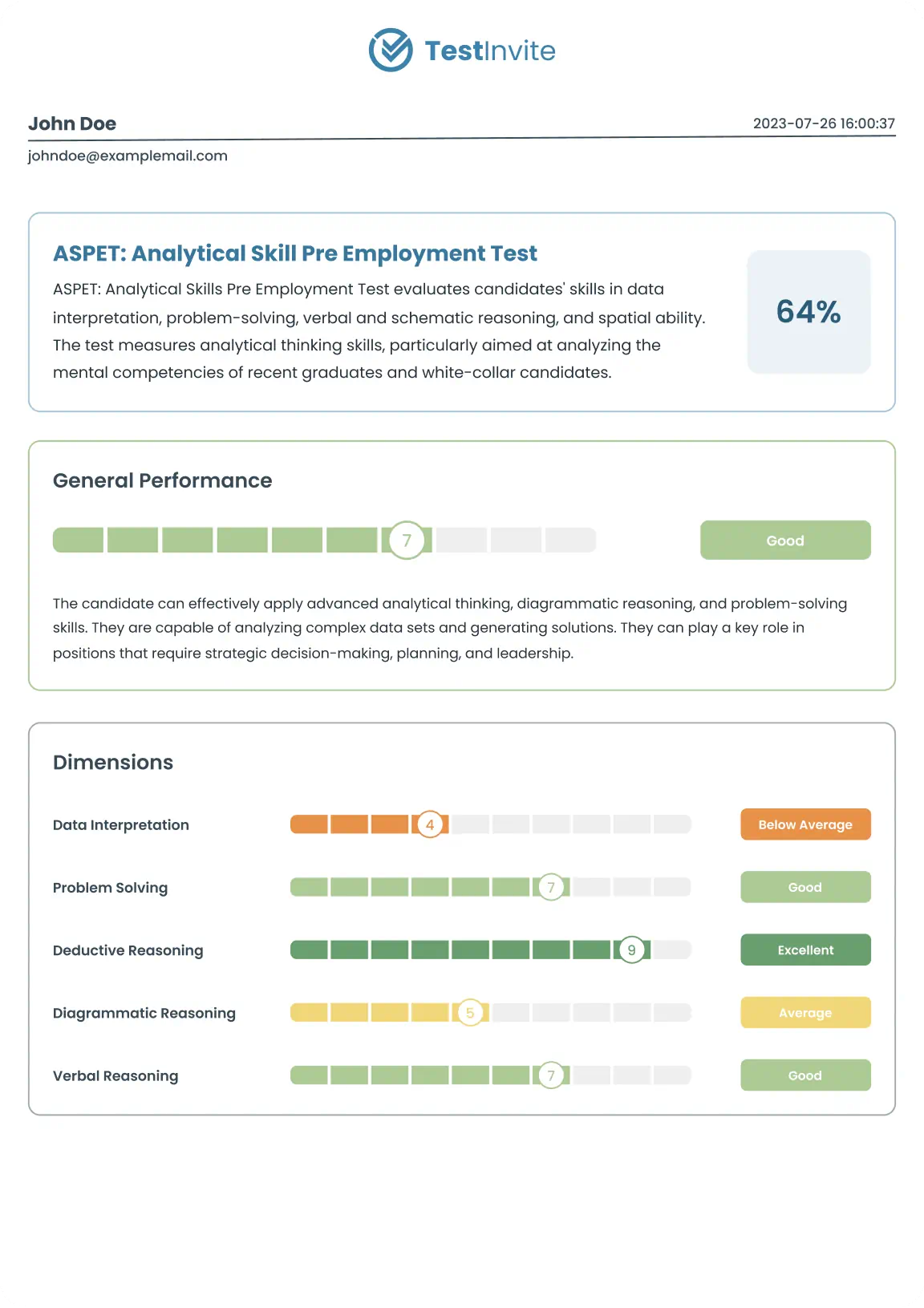 Analytical skills test interface