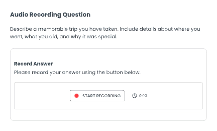 Test interface displaying a question with an audio recording feature