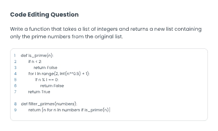 Test interface displaying a coding question with an embedded code editor