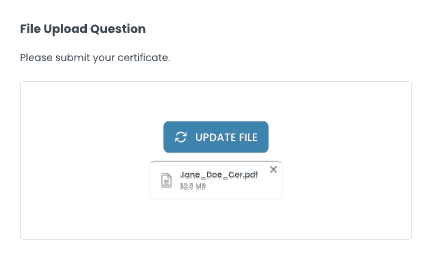 Test interface displaying a question requiring file upload from the test-taker