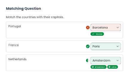 Test interface displaying a matching question