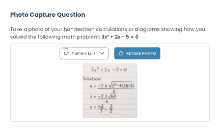 Test interface displaying a question requiring photo capture with webcam