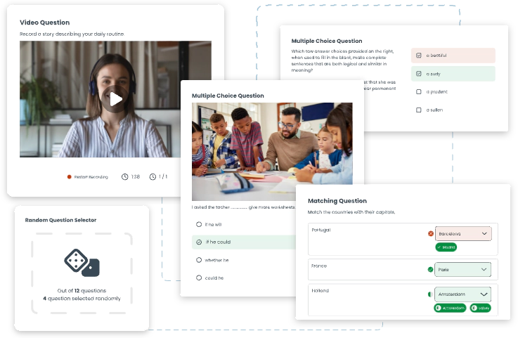 Test interface with video question, multiple choice questions, random question selector, and matching question feature