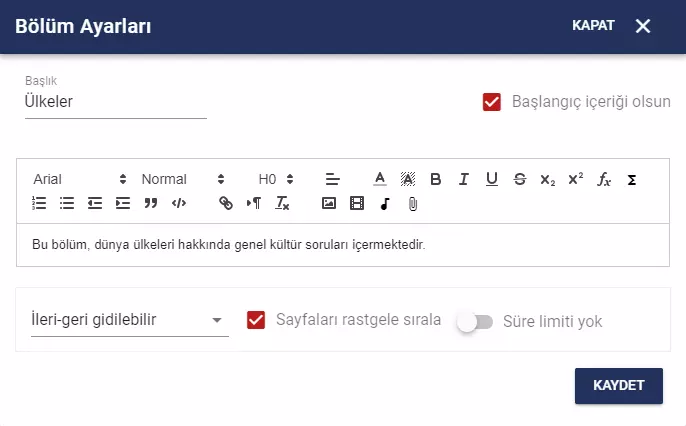 Online testlerde bölüm ve sayfa için rastgele sıra, süre, navigasyon ayarları yapma ekranı