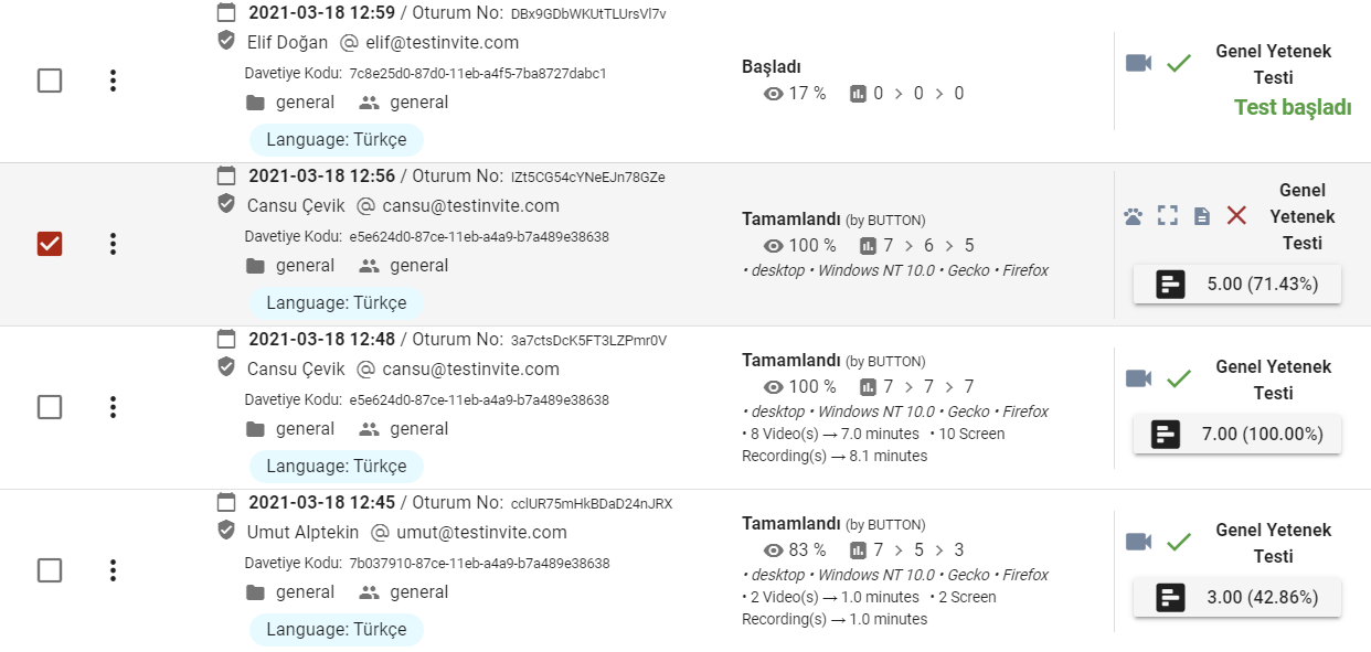 Online sınav sürecinde adayların durumlarını kontrol etme ekranı