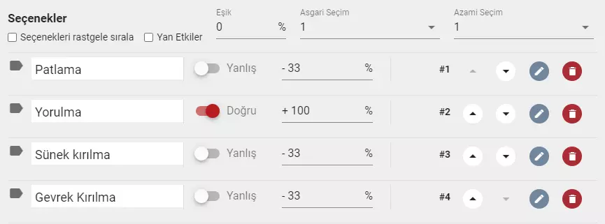 Sınav sorularının seçeneklerini puanlandırma, yanlış cevaplara ceza puanı atama, kaç şık seçilebileceğini ayarlama ekranı