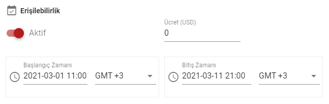 Online sınavınızın erişim zamanını belirleme ve katılım ücreti belirleme ekranı