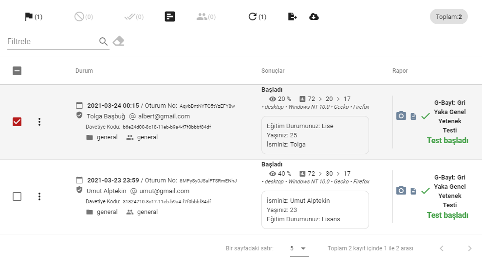 Sınav sırasında adayların hangi teste olduğunu, testte ne kadar ilerlediklerini takip edebilirsiniz