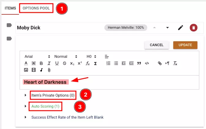 Ok ile gösterilen madde soruya eklendikten sonra yapabileceklerinizden bazıları;
                                “Options Pool” sekmesine giderek maddenin eşleştirilmesini istediğiniz cevabı “ortak seçenek havuzuna” ekleyebilirsiniz. (Options Pool=Ortak Seçenek Havuzu)
                                Eşleştirerek cevaplama esnasında sadece bu maddeye özgü gösterilmesini istediğiniz seçenekler varsa buradan ekleyebilirsiniz.
                                Bu maddeye doğru cevap atayabilir ve kaç adet madde ile eşleştirilebileceğini, hangi maddelerle eşleştirildiğinde adaya kaç puan verileceğini belirleyebilirsiniz.